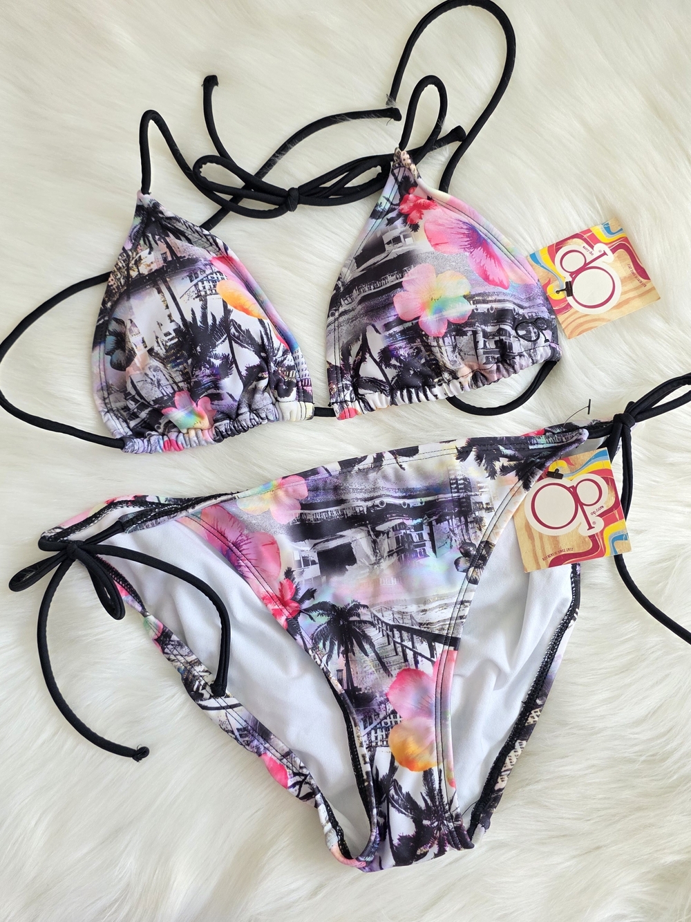 OP Tropical Floral Black String Bikini with Neon Accents